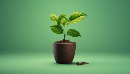 A green plant in a brown pot on a solid green background. Mockup for your product presentation.