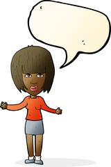 cartoon woman shrugging shoulders with speech bubble
