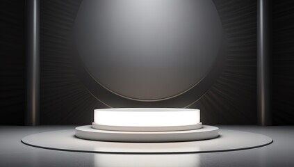 An illuminated exhibition podium for product against a dark room with concentric lines. Podium for your product presentation