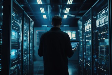 A man standing in a server room holding a tablet. This image can be used to represent technology, IT infrastructure, data management, or network security