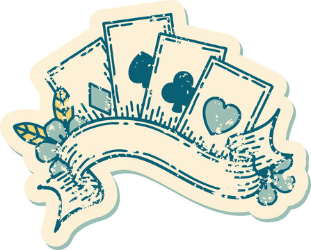 iconic distressed sticker tattoo style image of cards and banner
