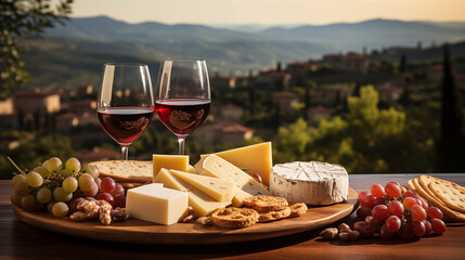 Tasty food photo of a cheese bowl with glass of red wine on a wooden table