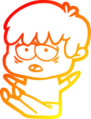 warm gradient line drawing of a cartoon exhausted boy