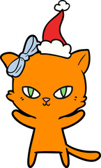 cute hand drawn line drawing of a cat wearing santa hat