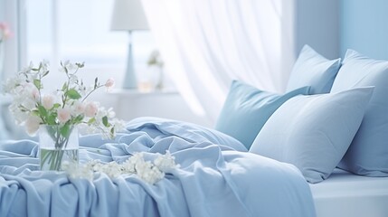 A Beautiful Vase of Flowers on a Bed with Blue Sheets