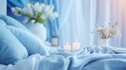 Fototapeta na wymiar A Cozy Bed with Blue Sheets and a Beautiful Vase of Flowers