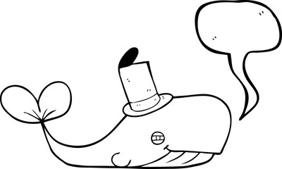 freehand drawn speech bubble cartoon whale wearing hat