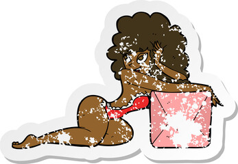 retro distressed sticker of a cartoon pin up woman with box