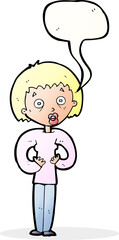 cartoon woman gesturing at self with speech bubble
