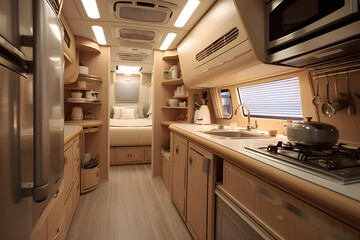 Kitchen interior in recreational vehicle.