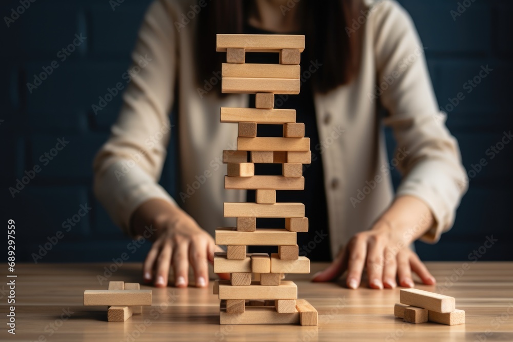 Poster a woman is seen playing with wooden blocks on a table. this versatile image can be used to illustrat