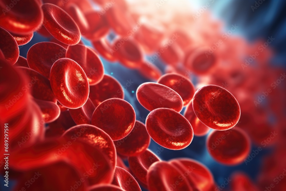 Poster a close-up view of a group of red blood cells flowing through a vein. this image can be used to illu