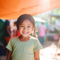 Heart-Wrenching Reality: A Photo-Realistic Depiction of an happy Asian Child Living in a Refugee Camp, Backgrounded by Tents - A Stirring Image Reflecting the Harsh Realities Faced by Many