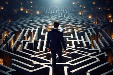 A man dressed in a suit standing confidently in front of a maze. This image can be used to represent challenges, problem-solving, decision-making, or finding the right path in business or life