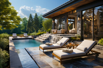Interior design cozy modern ecolodge, spacious modern luxury terrace in a house with a swimming pool, wooden furniture.
