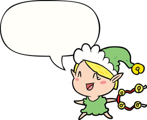 Obraz premium cartoon happy christmas elf with speech bubble
