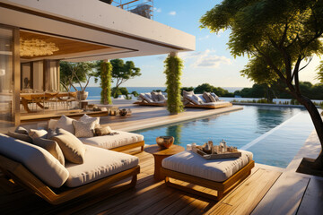 Fototapeta premium Interior design cozy modern ecolodge, spacious modern luxury terrace in a house with a swimming pool, rattan furniture.