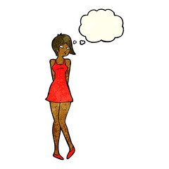 cartoon pretty woman in dress with thought bubble