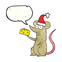freehand speech bubble textured cartoon christmas mouse with cheese