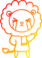 warm gradient line drawing of a cartoon crying lion