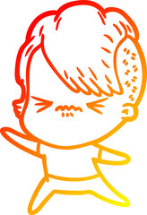warm gradient line drawing of a cartoon annoyed hipster girl