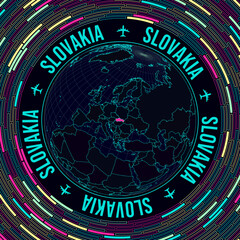 Slovakia on globe. Satellite view of the world centered on Slovakia. Bright neon style. Futuristic radial bricks background. Superb vector illustration.