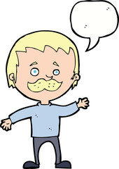 cartoon man with mustache waving with speech bubble