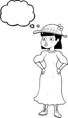 freehand drawn thought bubble cartoon woman in sensible dress
