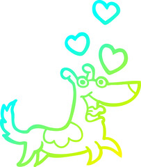 cold gradient line drawing of a cartoon dog with love hearts