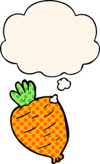 cartoon root vegetable with thought bubble in comic book style