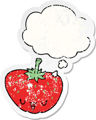 cartoon strawberry with thought bubble as a distressed worn sticker