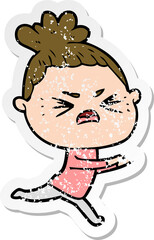 distressed sticker of a cartoon angry woman