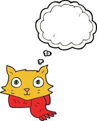 freehand drawn thought bubble cartoon cat wearing scarf