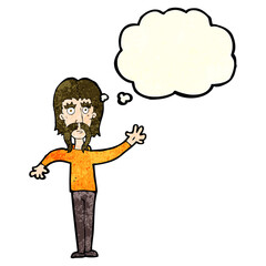 cartoon waving man with mustache with thought bubble
