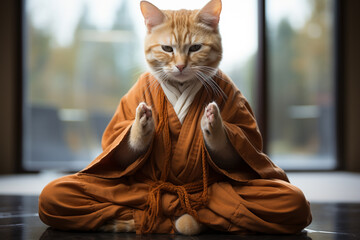 A feline cat as a sage adorned in monk attire exuding wisdom and tranquility. Ai generated