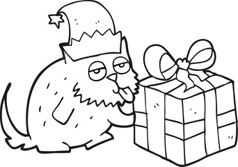 freehand drawn black and white cartoon cat with present