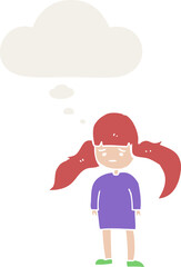 cartoon girl with long hair with thought bubble in retro style
