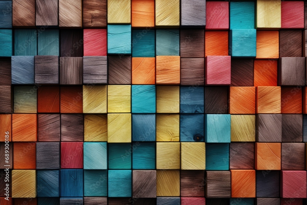 Poster A vibrant and diverse wall made up of wooden blocks. Perfect for adding a touch of color and texture to any design project
