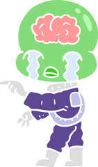 flat color style cartoon big brain alien crying and pointing