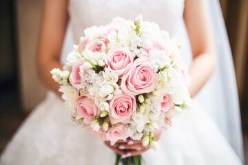 The bride holds a beautiful wedding bouquet of pink and white flowers in her hands