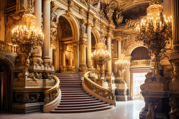 Interior of a beautiful formal building, opera, staircase, lights and columns. Vintage, antique - obrazy, fototapety, plakaty