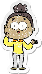 distressed sticker of a cartoon happy old woman