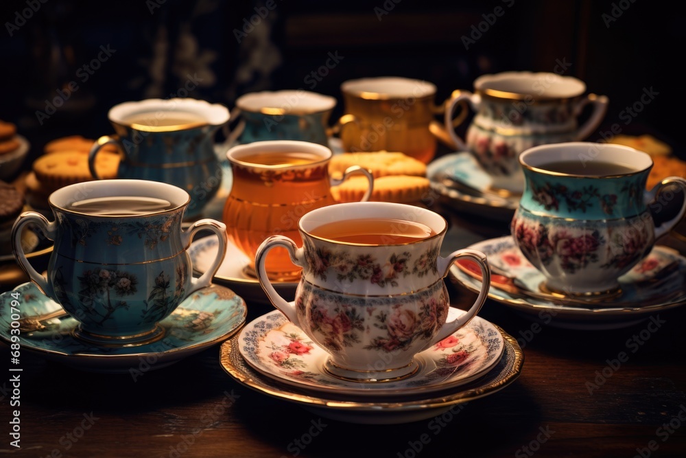 Aufkleber Cups and saucers arranged neatly on a table. Suitable for various uses