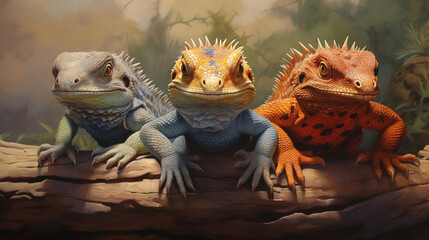 Trio of colorful iguanas on log. - obrazy, fototapety, plakaty