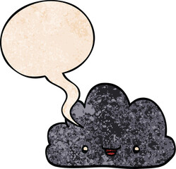 cartoon tiny happy cloud with speech bubble in retro texture style