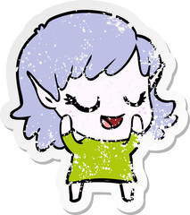 distressed sticker of a happy cartoon elf girl