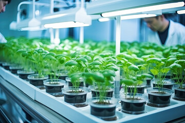 Hydroponics lab room on spacecraft. Organic laboratory scientists and biologists testing plants quality. Farm of the Future and agricultural laboratory concept. New methods of plant breeding - obrazy, fototapety, plakaty