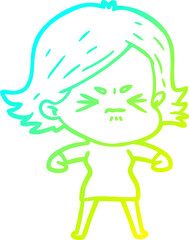 cold gradient line drawing of a cartoon angry girl