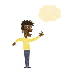 cartoon happy boy waving with thought bubble