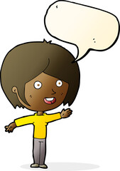 cartoon happy girl waving with speech bubble